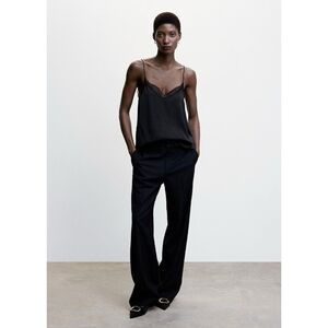 Mango Black Lace Satin Camisole Top Sleeveless V-Neck Lingerie Style Top Size S